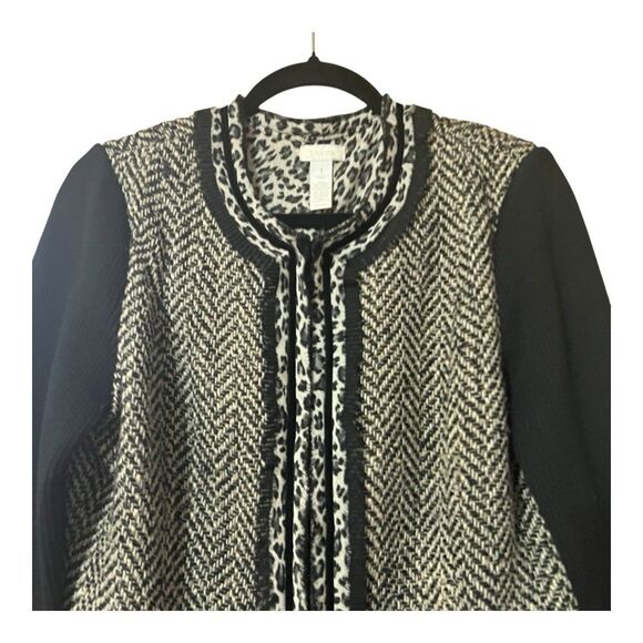 Chicos Size 1 Small Mixed Media Animal Print Tweed Herringbone Wool Blend Jacket - Picture 2 of 4